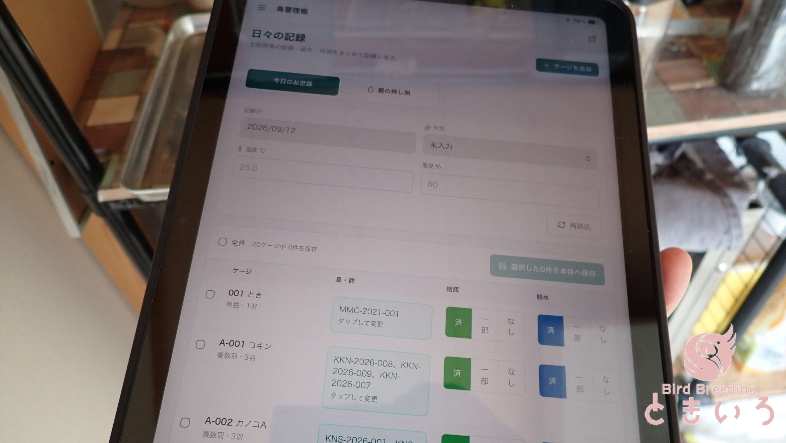 タブレットで開いた鳥管理帳の日々のお世話の記録画面